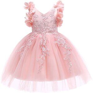 🆕Girls Peach Cotton Blend Flower Lace Bridesmaid Tulle Butterfly Sleeve Dress